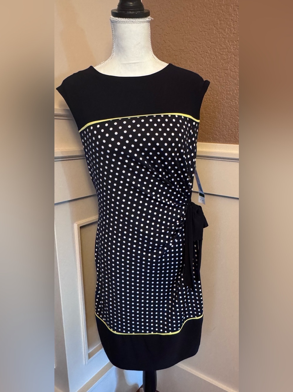 Black Polka Dot Sheath Dress with Yellow Trim Women